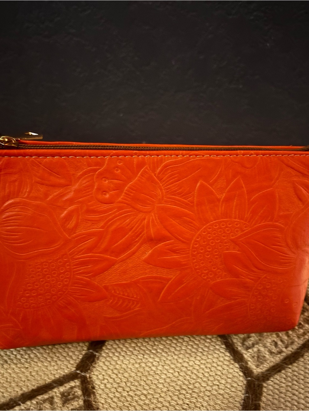 Embossed Floral Zip Pouch - Orange